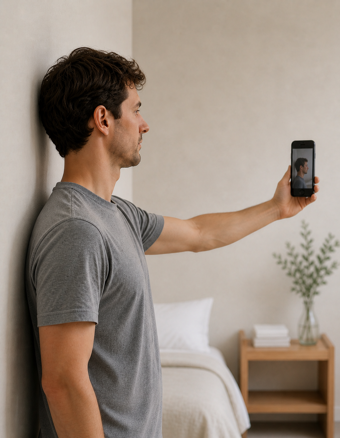 A person photographing their side profile with a phone