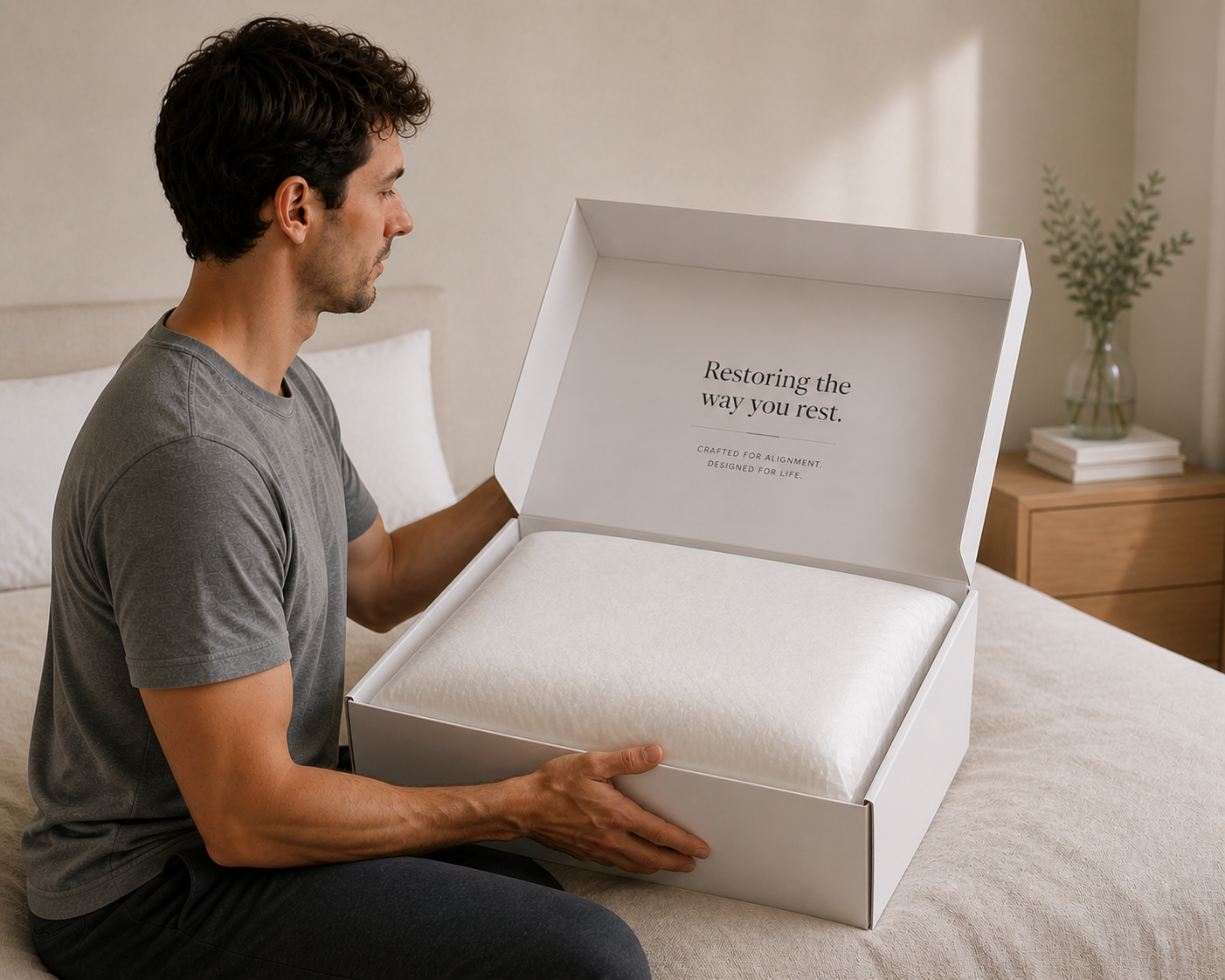 A customer opening a uniq pillow box on the bed