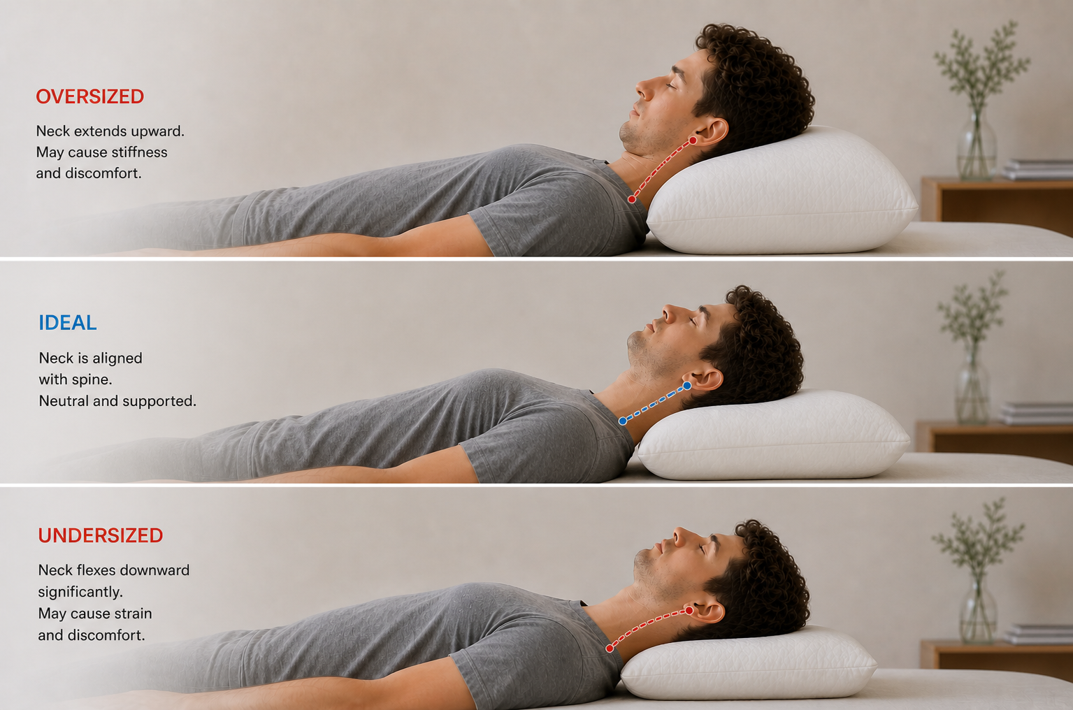 Three side-view photos comparing oversized, ideal and undersized pillow heights and the resulting cervical alignment